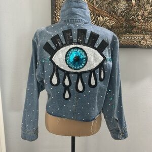 Custom Made Evil Eye New With Tags Love Tree Bling Denim Cut off‎ Jacket. Size M